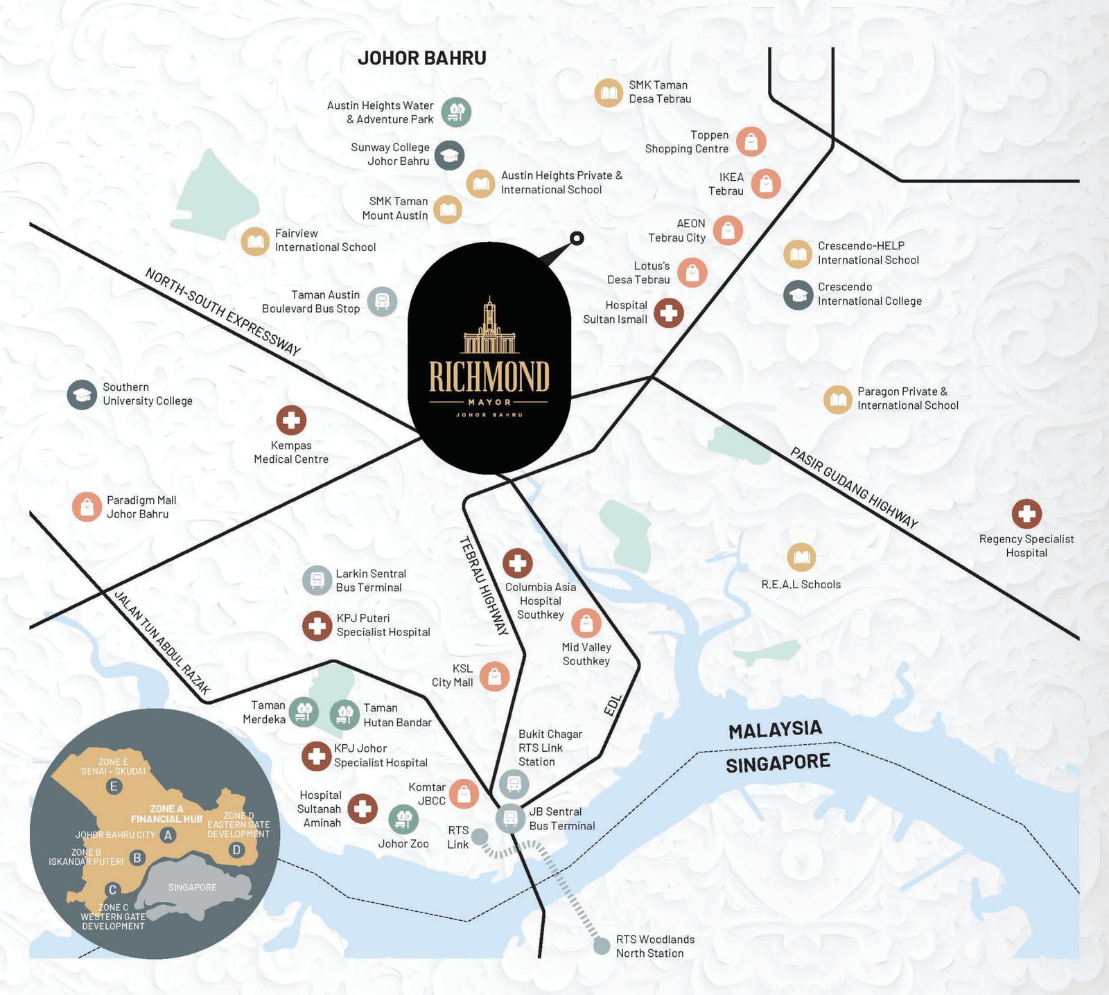 Developer location map placing Richmond Mayor in Mount Austin, with surrounding schools, hospitals, malls, highways and the RTS Link to Woodlands North