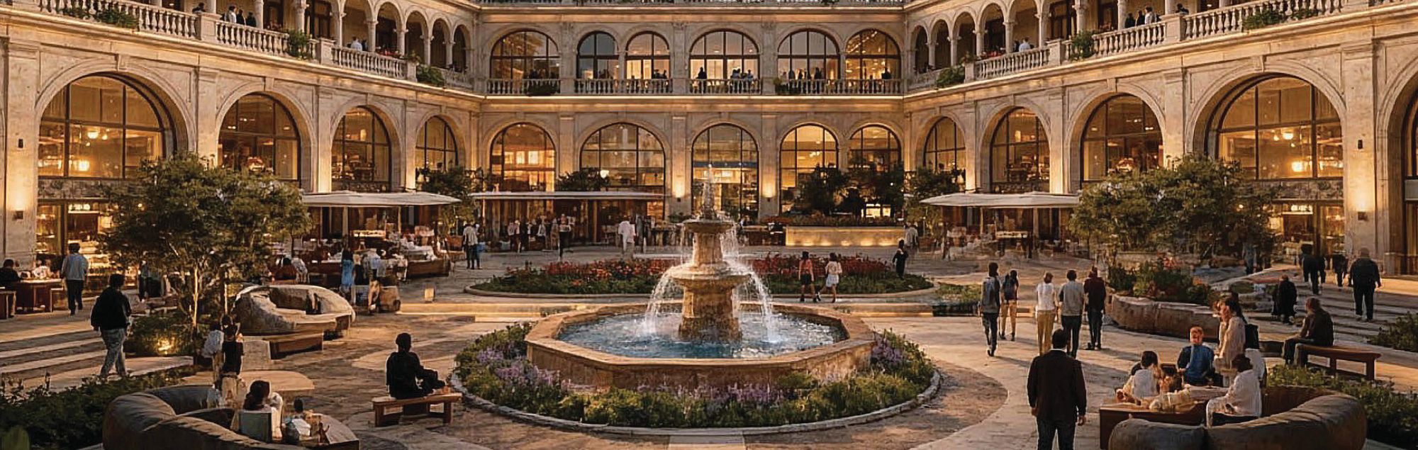 Artist's impression of the arcaded central plaza with a fountain, inspired by Madrid's Plaza Mayor