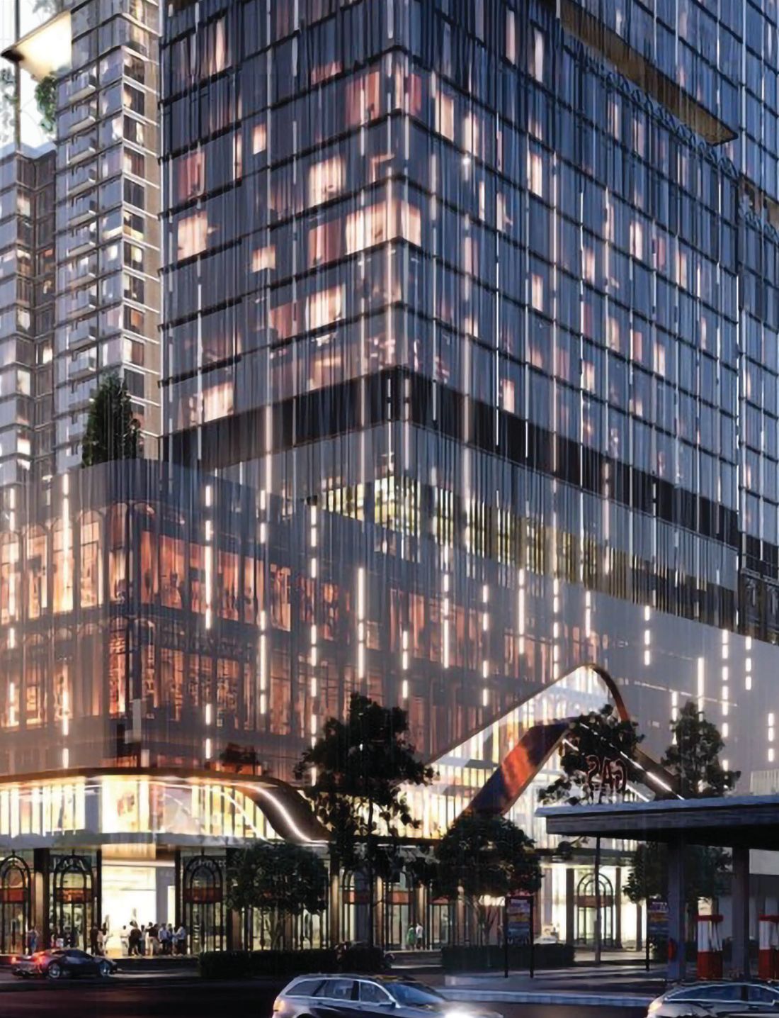Artist's impression of the Richmond Mayor tower and podium at dusk, seen from the street